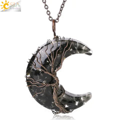 Tree of Life Moon Pendant - Geometric Alloy Necklace with Stainless Steel Chain