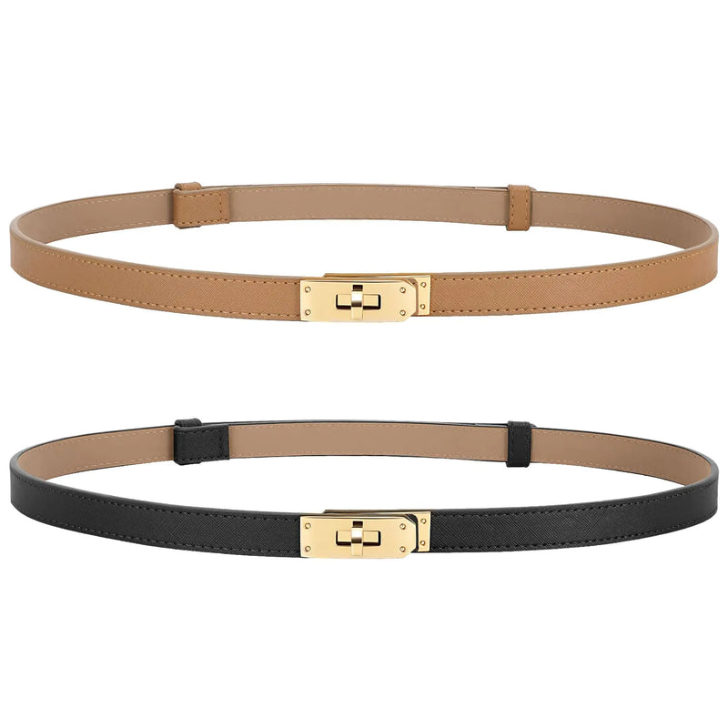 Women's Adjustable Leather Belt 2-Pack - Skinny Waist Belts with Gold Buckle for Dresses & Jeans