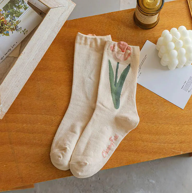 Retro Tulip Floral Cotton Socks - Comfortable Women's Crew Socks