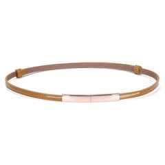 Women's Skinny Leather Belt - Adjustable Thin Waist Belt with Gold Square Buckle for Dresses