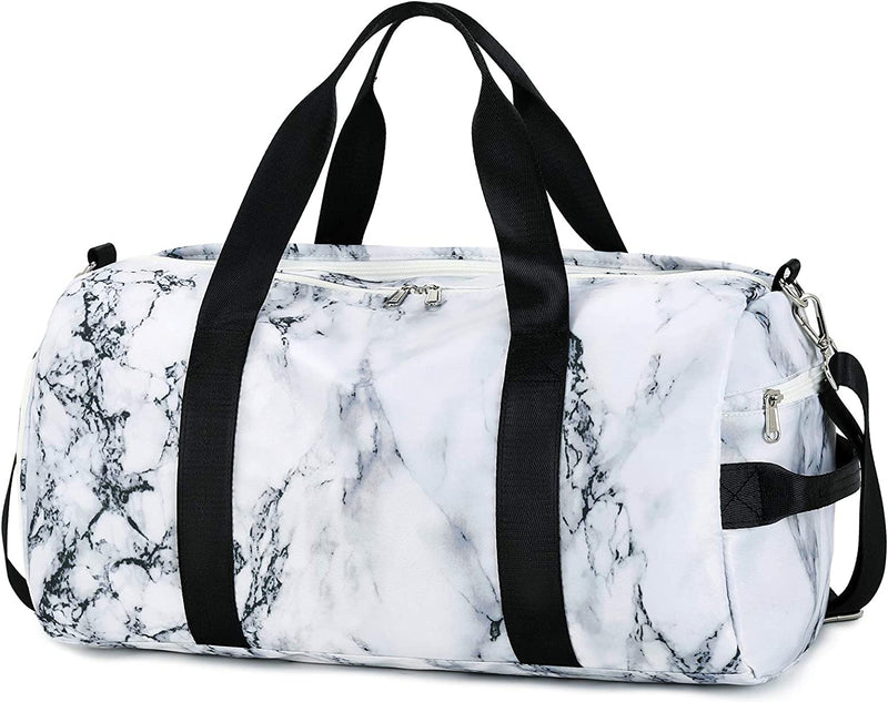 Sport Gym Duffle Travel Bag for Men Women Duffel with Shoe Compartment, Wet Pocket (Marble-White) 19.7