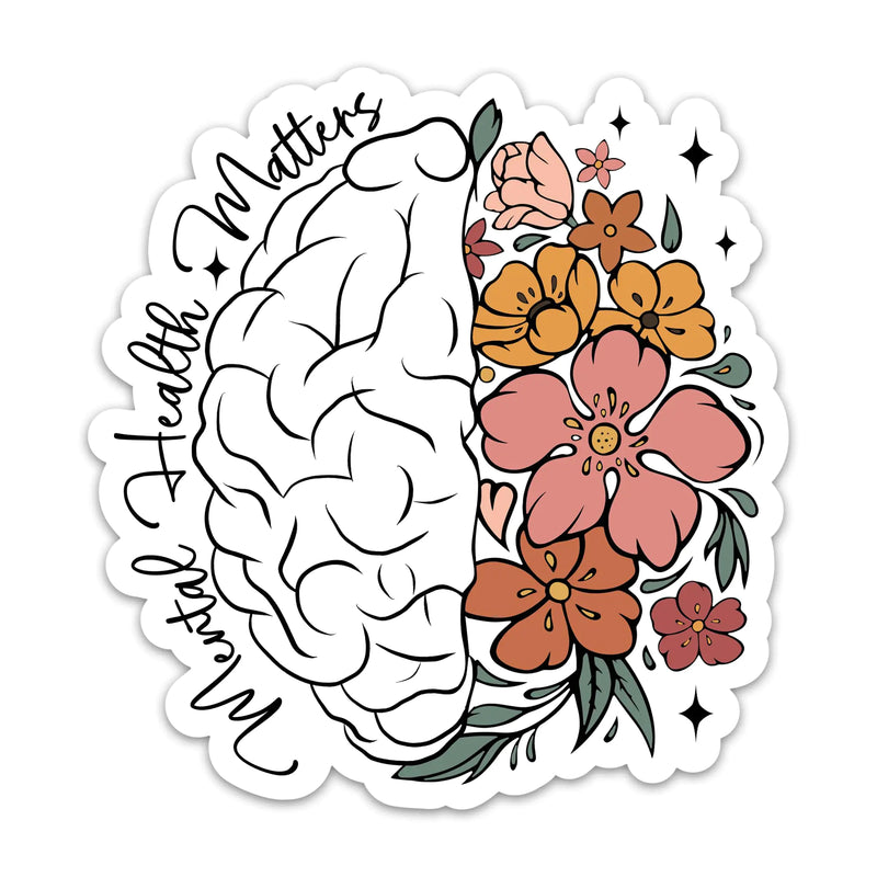 Mental Health Matters Stickers - Colorful Floral Brain Decals (3-Pack) - Inspirational Self Care Vinyl Waterproof Stickers