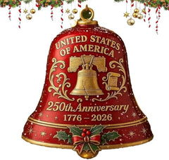 USA 250th Anniversary Bell Ornament - 3D Red & Gold Commemorative Hanging Decor, Elegant Doorbell for Patriotic Holidays, Christmas Tree, Collectors Gift, Enamel Crafted Detailing