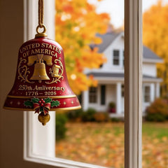 USA 250th Anniversary Bell Ornament - 3D Red & Gold Commemorative Hanging Decor, Elegant Doorbell for Patriotic Holidays, Christmas Tree, Collectors Gift, Enamel Crafted Detailing
