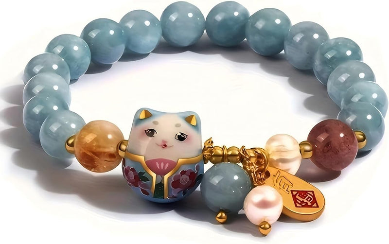 Lucky Cat Bracelet with Blue Crystal – Feng Shui Good Luck Jewelry for Women, Wealth & Protection