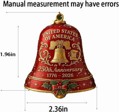 USA 250th Anniversary Bell Ornament - 3D Red & Gold Commemorative Hanging Decor, Elegant Doorbell for Patriotic Holidays, Christmas Tree, Collectors Gift, Enamel Crafted Detailing