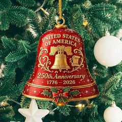 USA 250th Anniversary Bell Ornament - 3D Red & Gold Commemorative Hanging Decor, Elegant Doorbell for Patriotic Holidays, Christmas Tree, Collectors Gift, Enamel Crafted Detailing