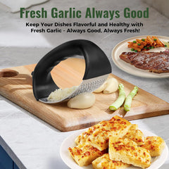 Garlic Press Rocker, Stainless Steel Garlic Mincer and Garlic Crusher, Easy-Squeeze Garlic Tool with Peeler and Cleaning Brush for Smashing Garlic
