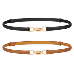 Women's Skinny Leather Belt 2-Pack - Adjustable Thin Waist Belt with Fashion Buckle