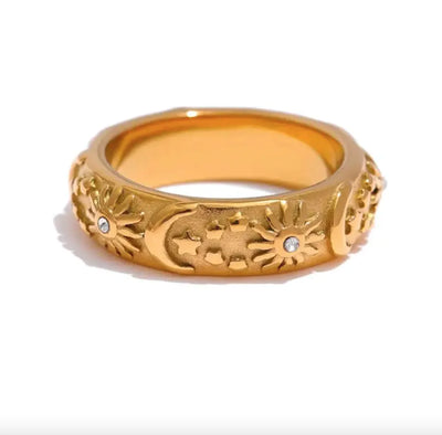 Celestial Star Moon Sun Ring - Zircon Inlaid Stainless Steel Jewelry