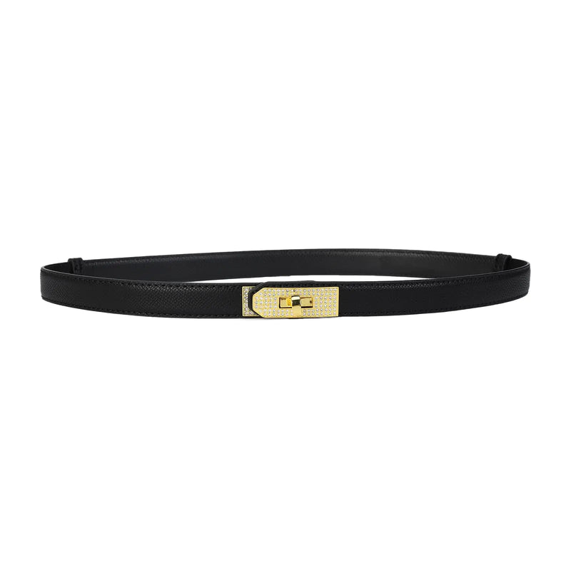 Women's Adjustable Skinny Leather Belt - Gold Rhinestone Buckle - Black
