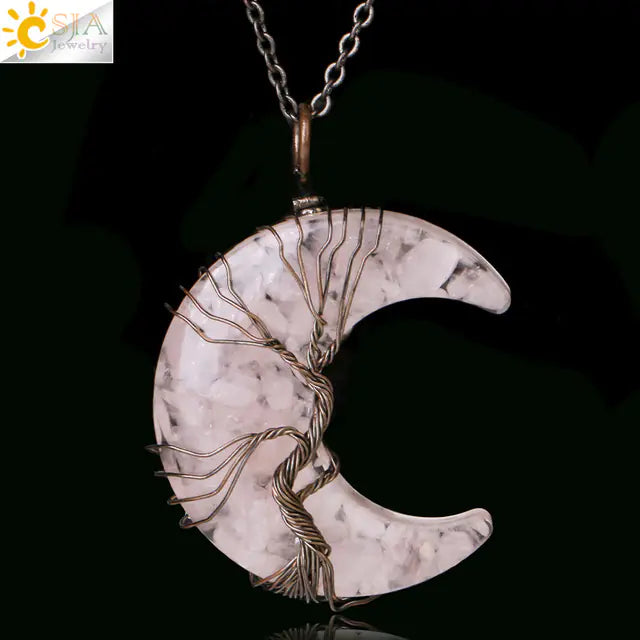 Tree of Life Moon Pendant - Geometric Alloy Necklace with Stainless Steel Chain