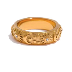 Celestial Star Moon Sun Ring - Zircon Inlaid Stainless Steel Jewelry