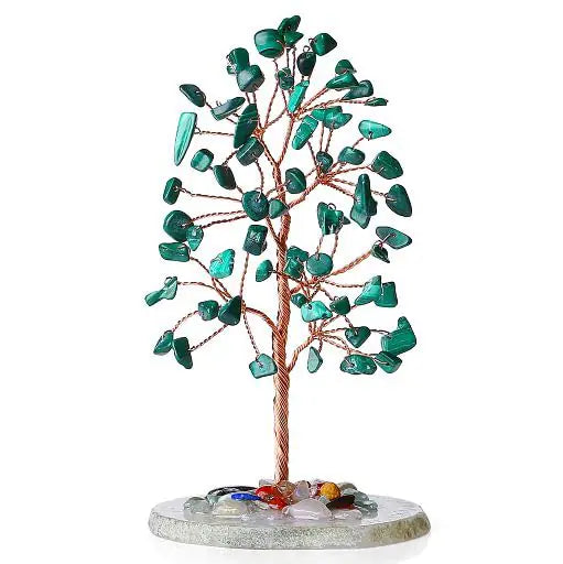 Malachite Crystal Tree - Natural Gemstone Tree of Life with Copper Wire & Agate Base for Feng Shui Decor