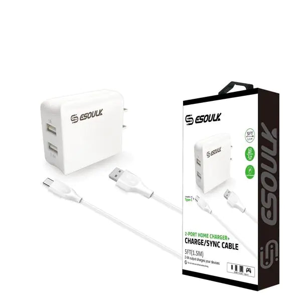 Esoulk 12W 2.4A Dual USB Travel Wall Charger With 5FT Type-C Charging Cable