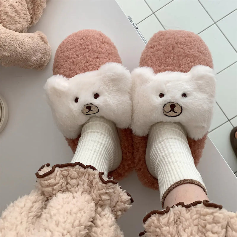 Women's Cute Bear Plush Cotton Slippers - Cozy Anti-Slip House Shoes