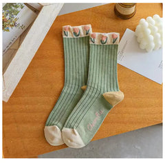Retro Tulip Floral Cotton Socks - Comfortable Women's Crew Socks