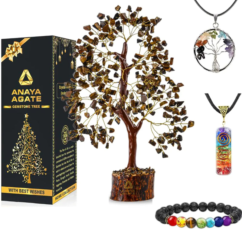 Tiger Eye Crystal Bonsai Tree - Healing Chakra Tree of Life with Bracelet & Necklaces Set