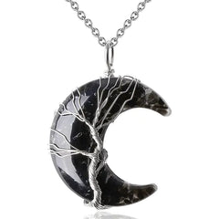 Tree of Life Moon Pendant - Geometric Alloy Necklace with Stainless Steel Chain