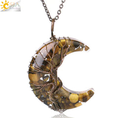 Tree of Life Moon Pendant - Geometric Alloy Necklace with Stainless Steel Chain