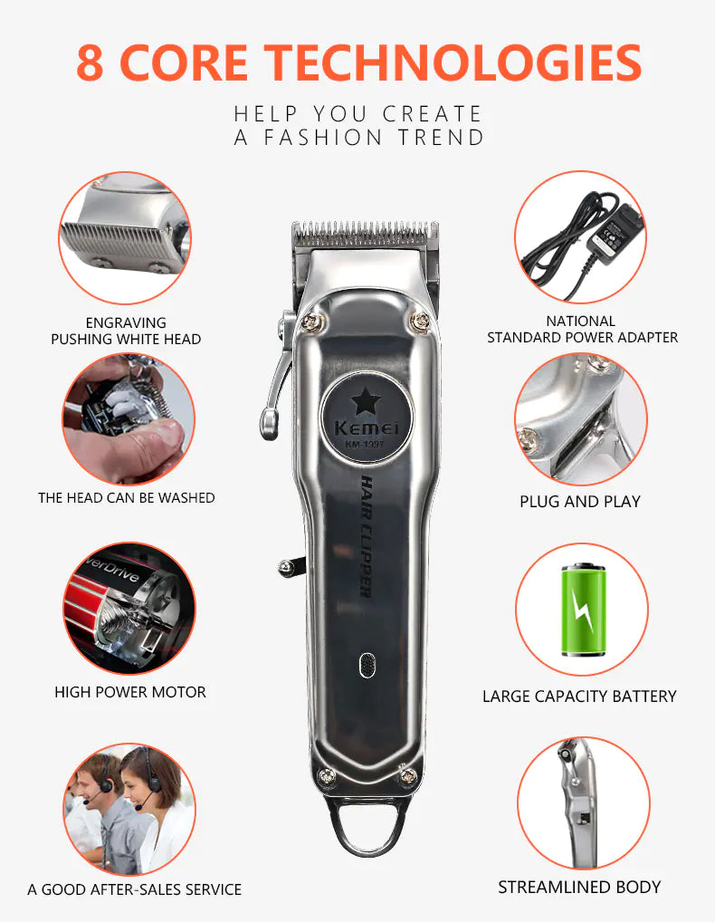 Kemei Professional Rechargeable Hair Clipper - Cordless Electric Trimmer for Men
