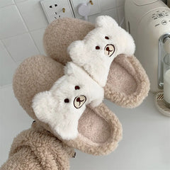 Women's Cute Bear Plush Cotton Slippers - Cozy Anti-Slip House Shoes