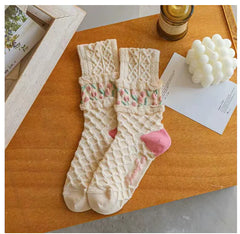 Retro Tulip Floral Cotton Socks - Comfortable Women's Crew Socks