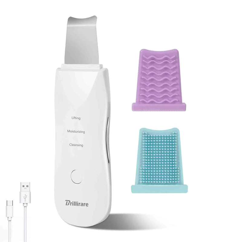 BRILLIRARE Face Scrubber Skin Spatula Facial Silicone Pore Cleaner Rechargeable All Skin Types Waterproof Blackhead Remover Tools for Deep Cleansing Exfoliating 3 Modes Wireless White
