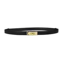 Women's Adjustable Skinny Leather Belt - Gold Rhinestone Buckle - Black