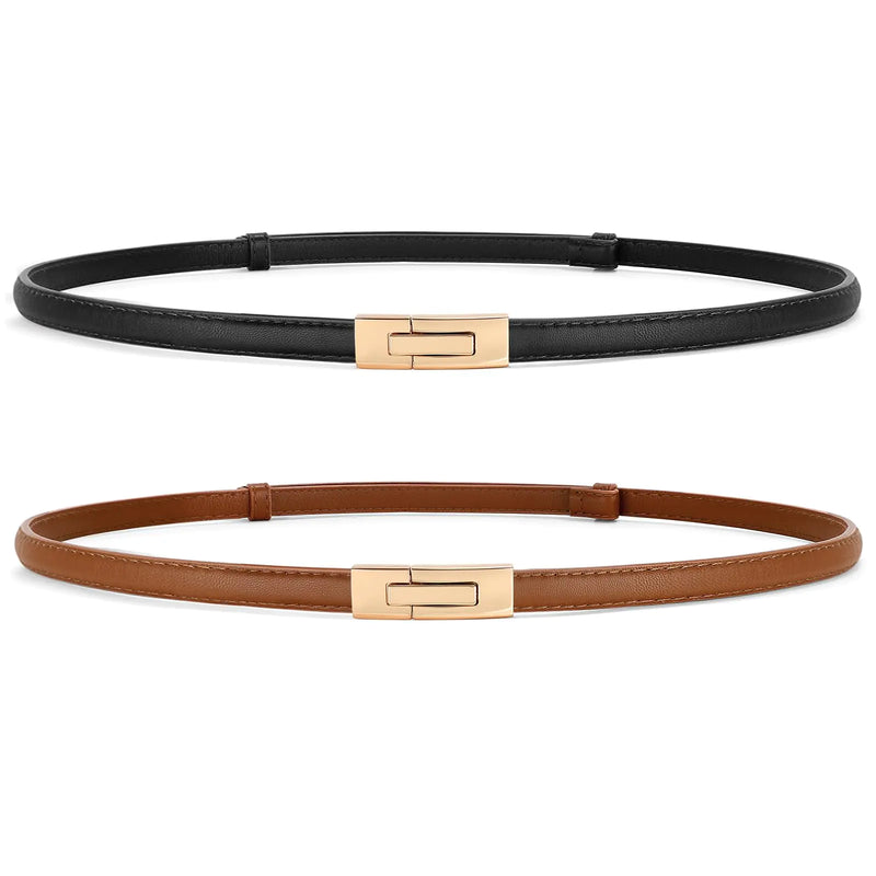 Premium Women's Leather Skinny Belts Set - Adjustable Dress Belts for Waist Cinching (2-Pack)
