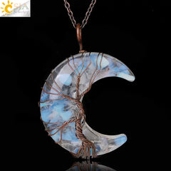 Tree of Life Moon Pendant - Geometric Alloy Necklace with Stainless Steel Chain
